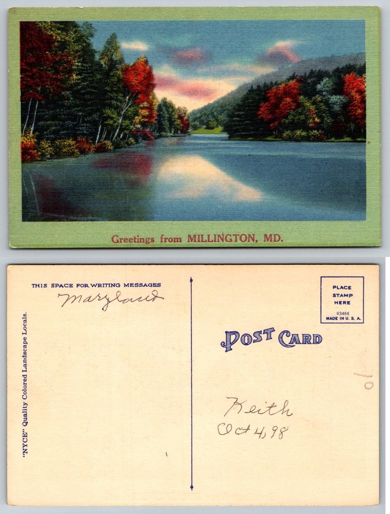 Millington, MD Linen Postcard - Autumn Lake Landscape Maryland Vintage Scene