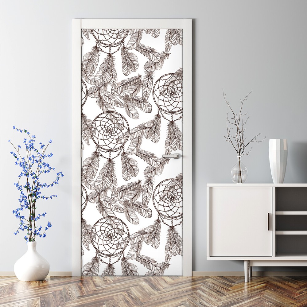 Monochrome dream catcher and feathers self-adhesive golden and white Door Decal
