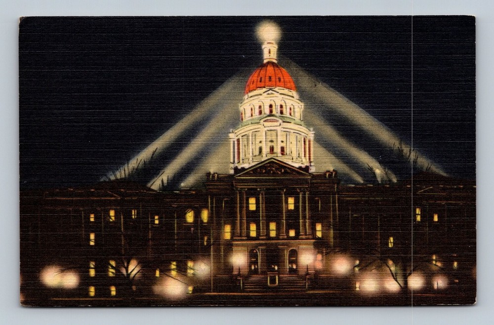 Vintage Denver State Capitol Dome Illuminated Night Postcard