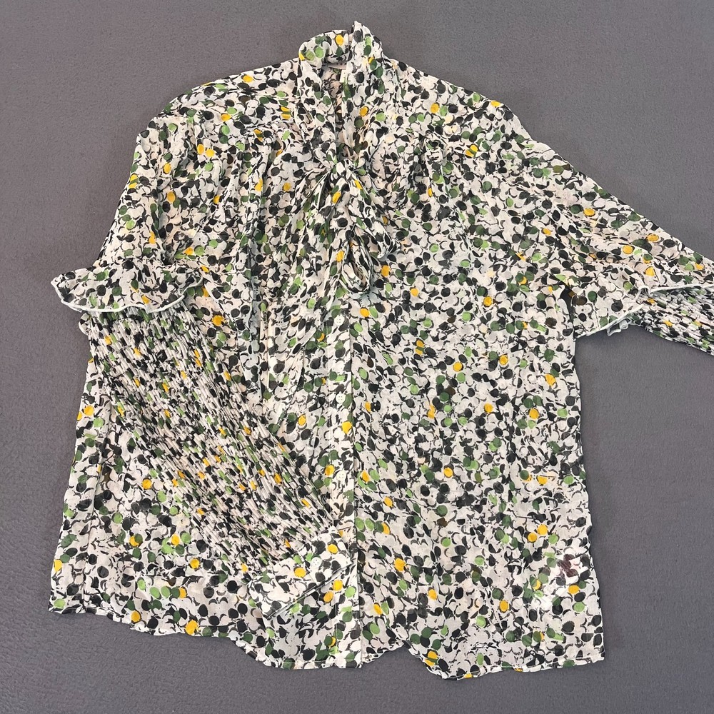 Topshop Blouse Sz 8 White Yellow Green Polka Dots Ruffle Detail Tie Neck Pleated