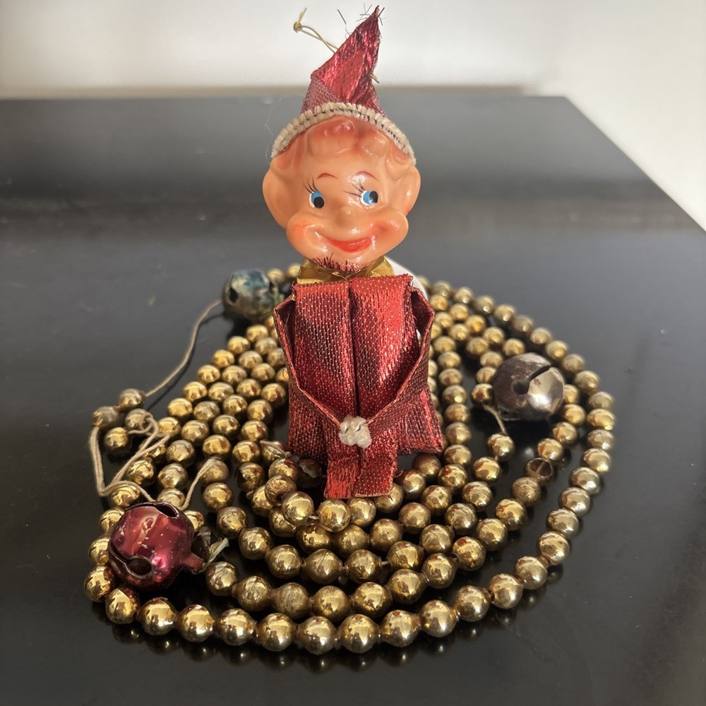 Vtg Knee Hugger Red Metallic Elf Christmas, 1/4” Bead Gold Mercury Glass Garland