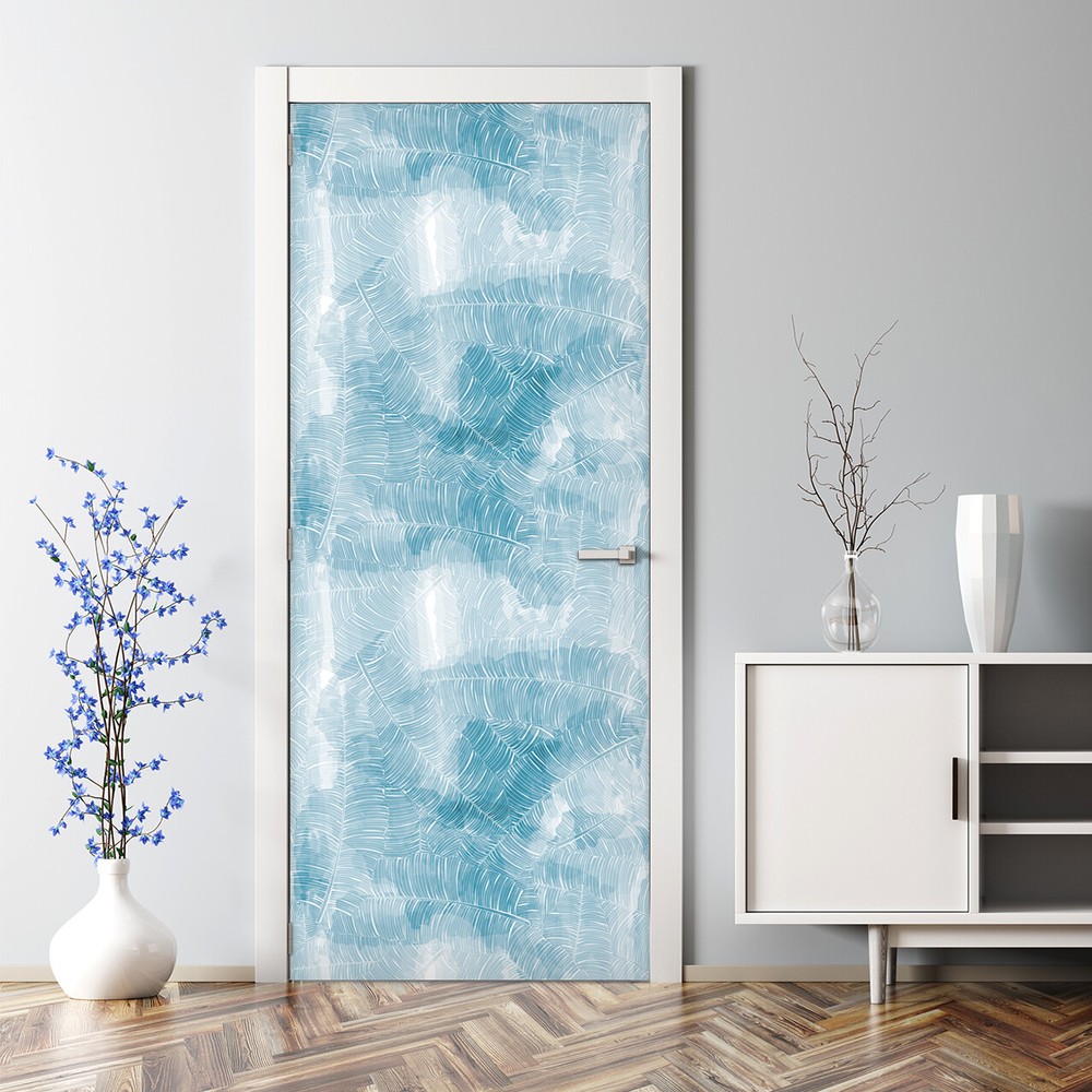 Blue tropical leaf removable door sticker - self-adhesive home decor mural