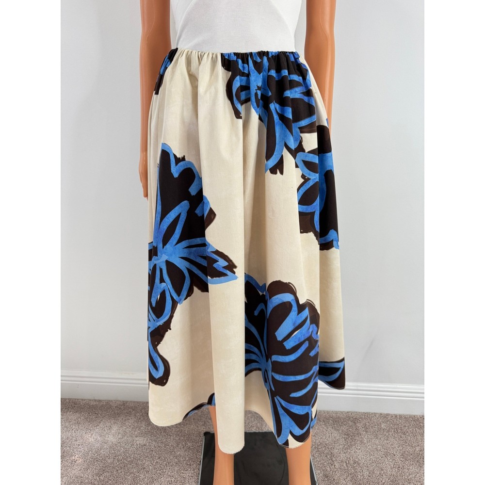 Zara Floral Midi Skirt Blue Brown Cream Elastic Waist Full Skirt Midi Maxi S