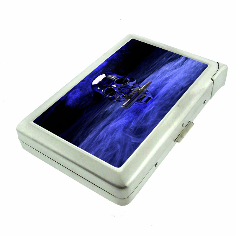 Blue Skull Bullet Em1 100's Size Cigarette Case with Built in Lighter Wallet