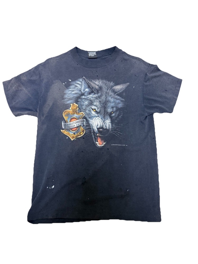 Vintage Harley Davidson 3D Emblem Wolf Shirt Large ‘92 Single Stitch Distressed