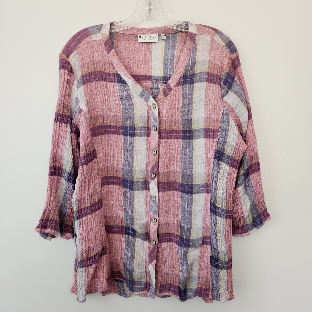Habitat Top Womens L Pink Gray Plaid Crinkle Button Linen Blend Boho Chic Preppy