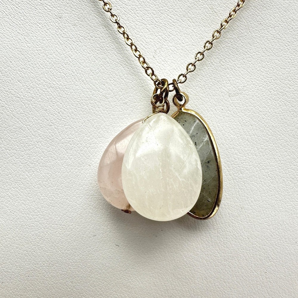 Vintage 90s Multi-Stone Lobster Pendant Necklace Rose Quartz Clear Moonstone