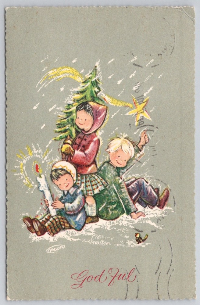 Vintage 1962 Norwegian Christmas Postcard - Children & Tree, God Jul, Norway