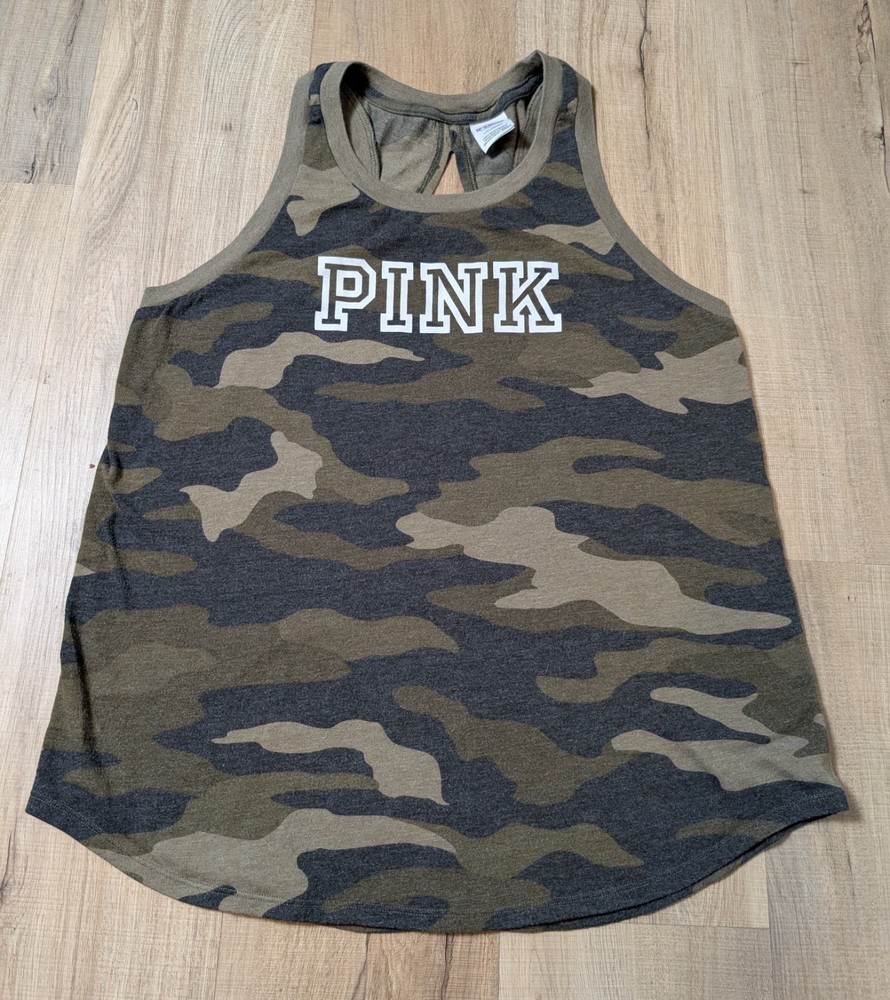 PINK Victoria's Secret Size L Camo Sleeveless Tank Top Logo Open Back Keyhole