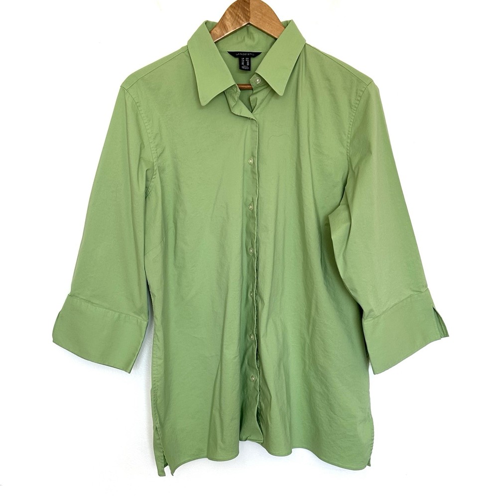 Lands’ End Plus Shirt Women’s Size 18W Green Button Down 3/4 Sleeve Collared Top