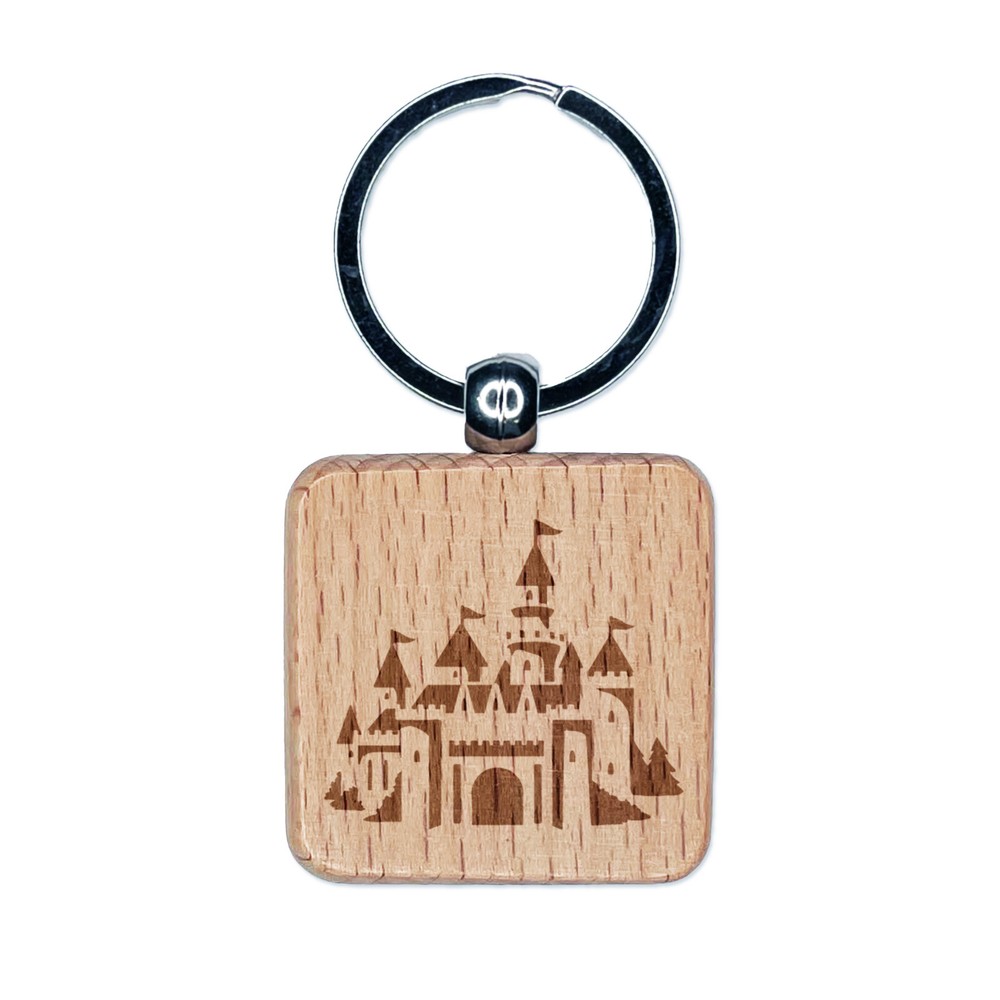 Fantasy Fairytale Castle with Towers Engraved Wood Square Keychain Tag Charm