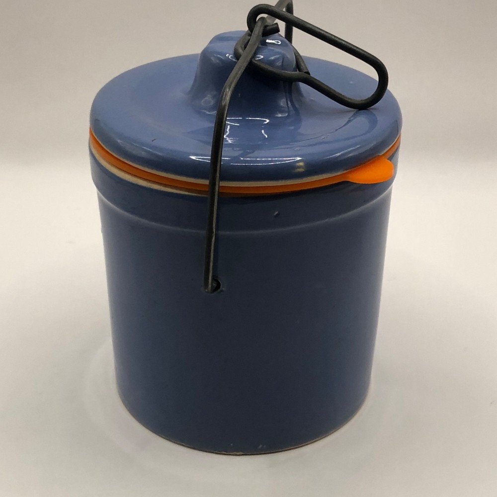 Blue Stoneware Crock w/Locking Wire Bail Cover & New Silicone Seal