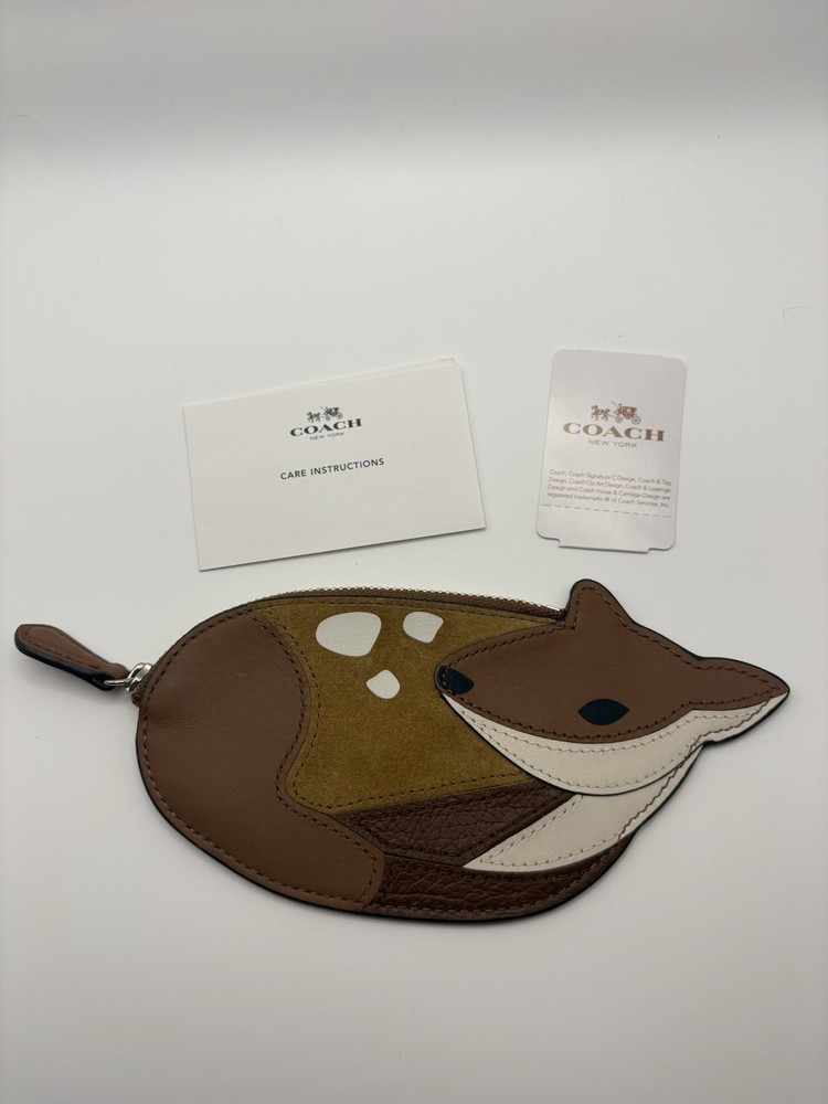 NWT Coach Deer Leather & Suede Coin Purse Zip Wallet Brown & White