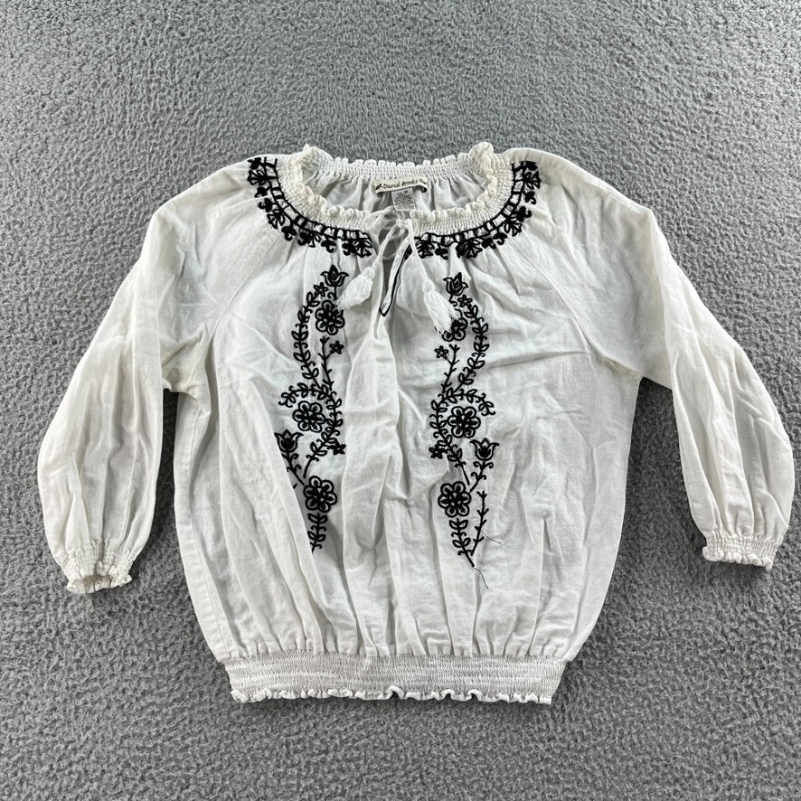 David Brooks Blouse Womens Medium White Top Floral Linen Smocked Embroidered