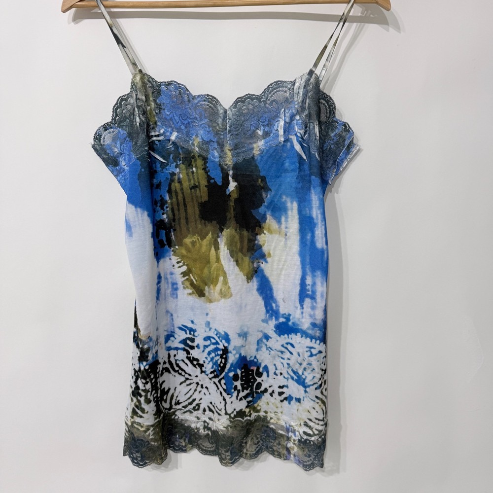 Vintage Y2K Eyeshadow Fairy Grunge Long Cami Size L Blue Abstract Lace Trim