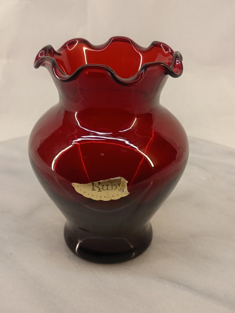 Vintage Anchor Hocking Ruby Red Bud Vase Ruffled Top 4
