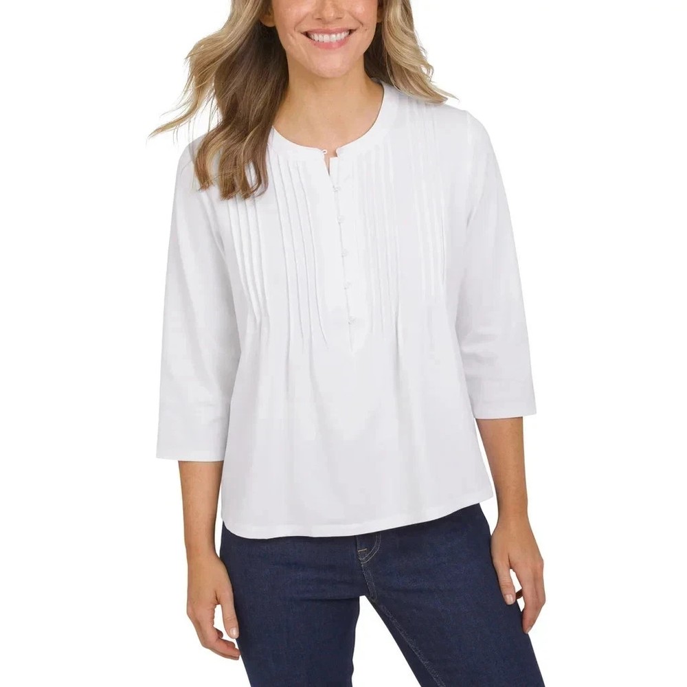 Lands' End Women's Button Front Pintuck Top, White, Size XL, New