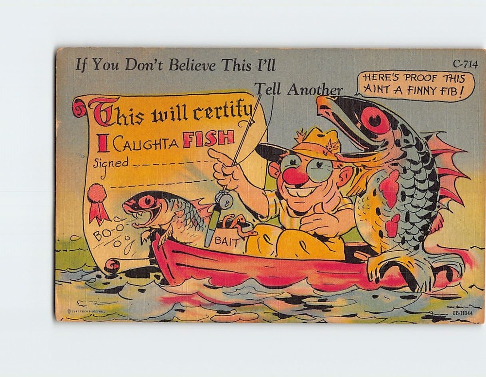 Postcard Fishing Scene Joke/Humor Comic Art Print