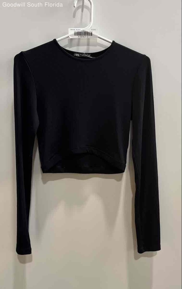 Zara Womens Black Long Sleeve Round Neck Cropped Blouse Top Size Medium
