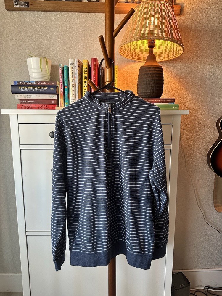 Peter Millar Men’s Blue Striped Quarter Zip Pullover —Cotton Modal Blend — Large