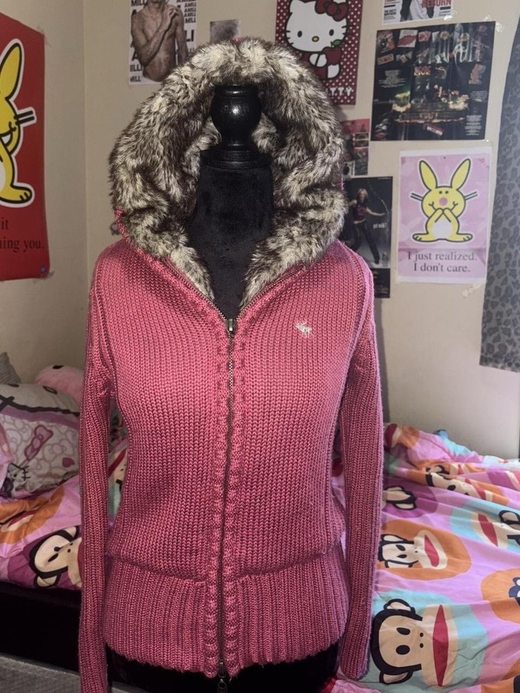 Y2K Abercrombie & Fitch Pink Knit Fur Trim Jacket Kids XL/Adult S