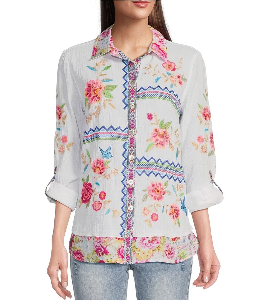 John Mark Embroidered Collared Roll Tab Slv Button Front Tunic Sz M NWT $129
