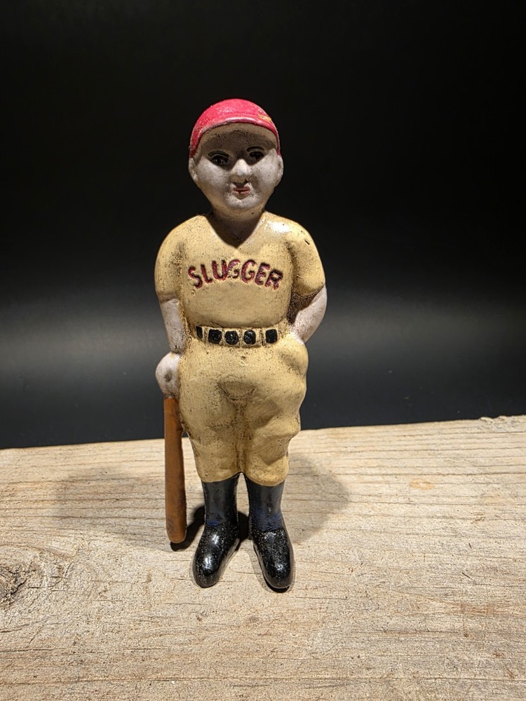 Antique Vintage Style Cast Iron Baseball Slugger Coin Bank