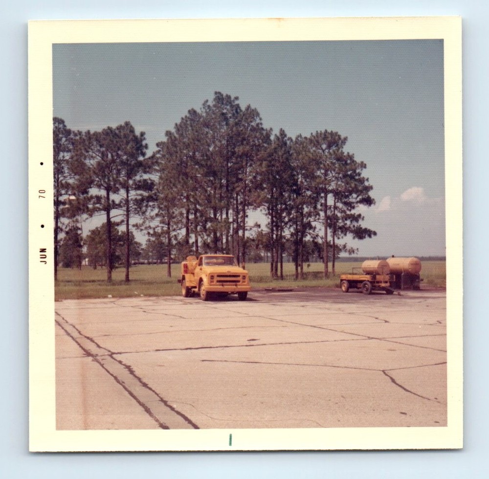 Old Vintage Square Color Photo AIRPORT FUEL TANKS AND TRUCK FOUND SNAPSHOT