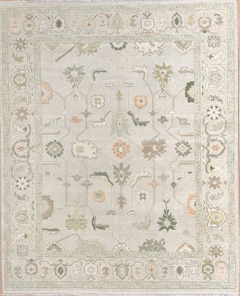Hand Knotted Oushak Wool Rug Muted Sage Ivory Floral Turkish Area Rug 8x10