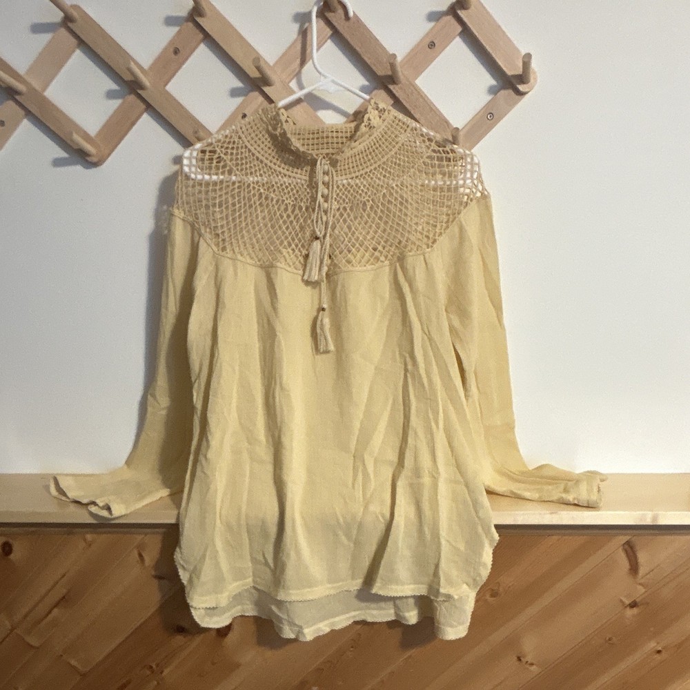 Free People Beige High Neck Peasant Blouse Boho 100% Cotton Long Sleeve L