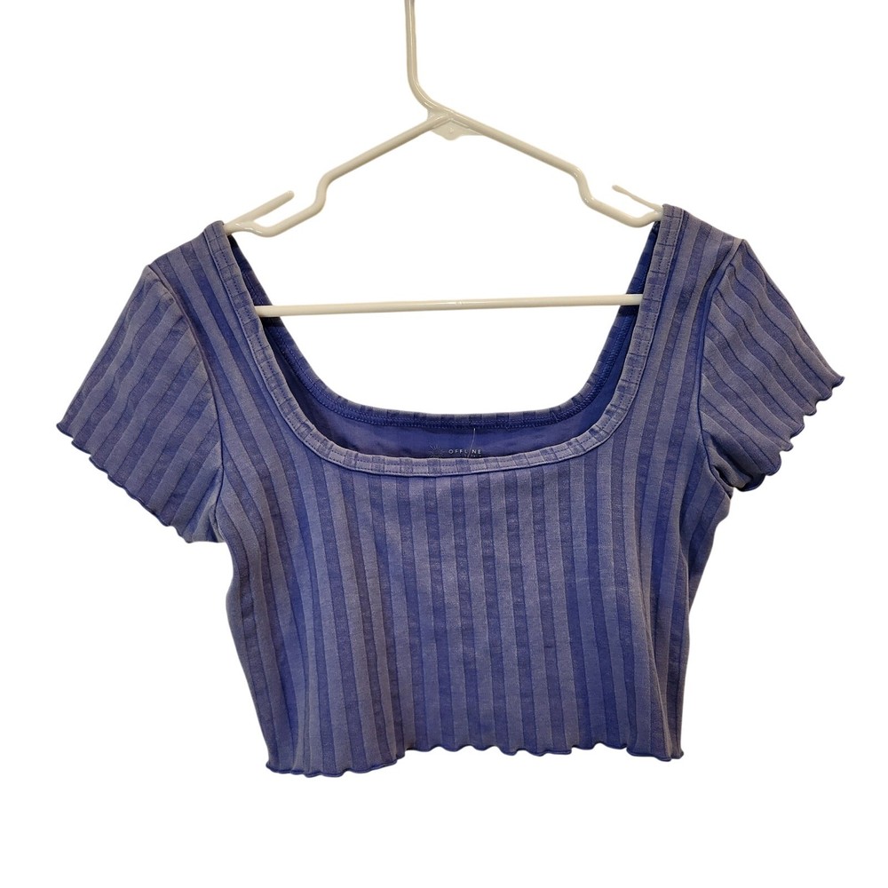 OFFLINE By Aerie Short Sleeve Square Neck Ribbed OG Groove Crop Tee Blue Medium