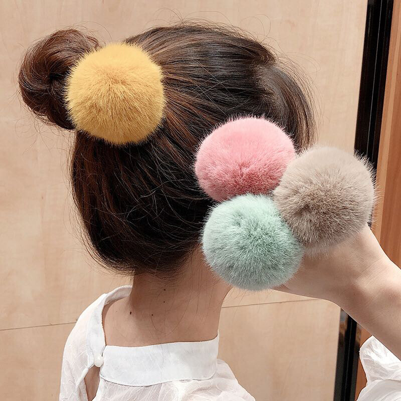 1pc Girl Hair Bands With Real Mink Fur Pom Pom Hair Ties Ponytail Holders Cute