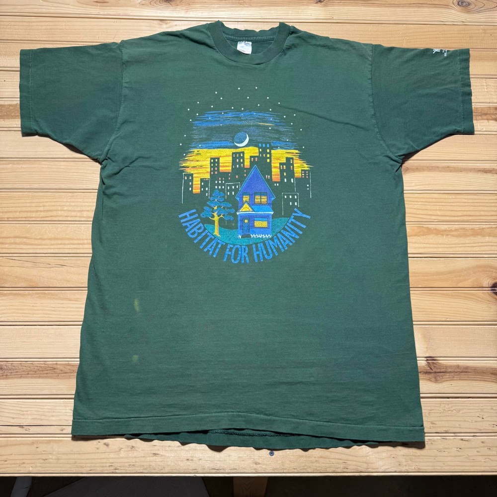 Vintage 90s Habitat for Humanity House Tree Skyline Graphic T-Shirt USA XXL