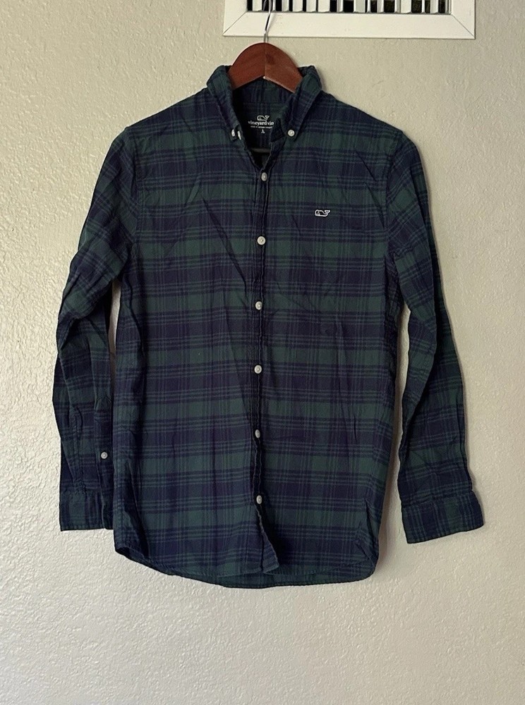 Vineyard Vines Boy’s Large Blue & Green Plaid Button Up L/S Flannel Whale Shirt