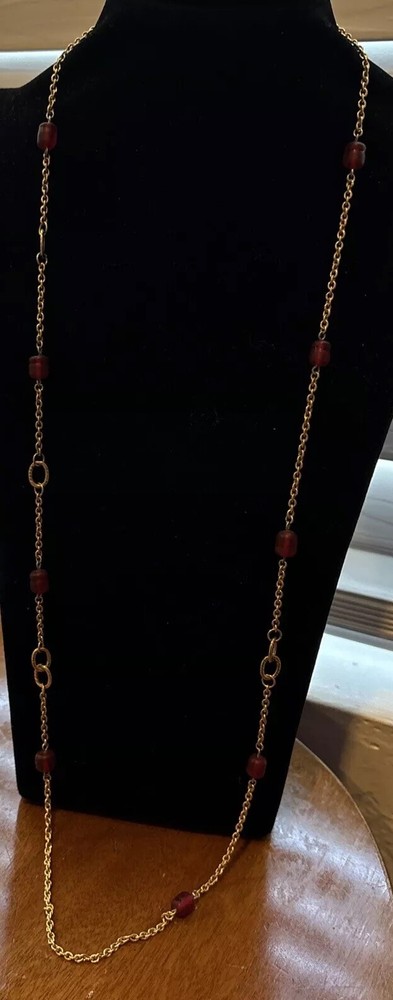j crew necklace vintage Red Beads Gold Tone Chain Long 36”