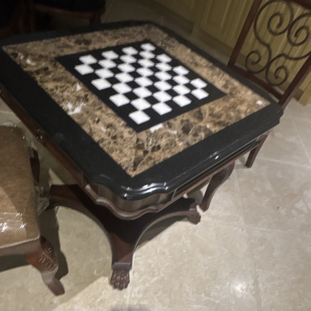 Wood & Marble Square Chess Board Game Table with Two Chairs, Traditional Style