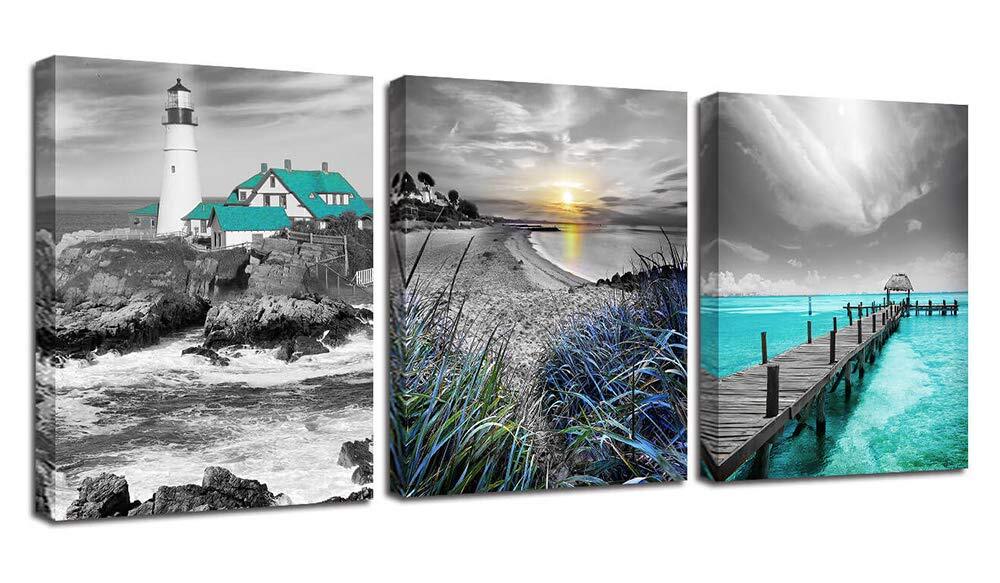 Teal Ocean Canvas Wall Art Seascape Blue Painting Lighthouse Coastal Pictures...