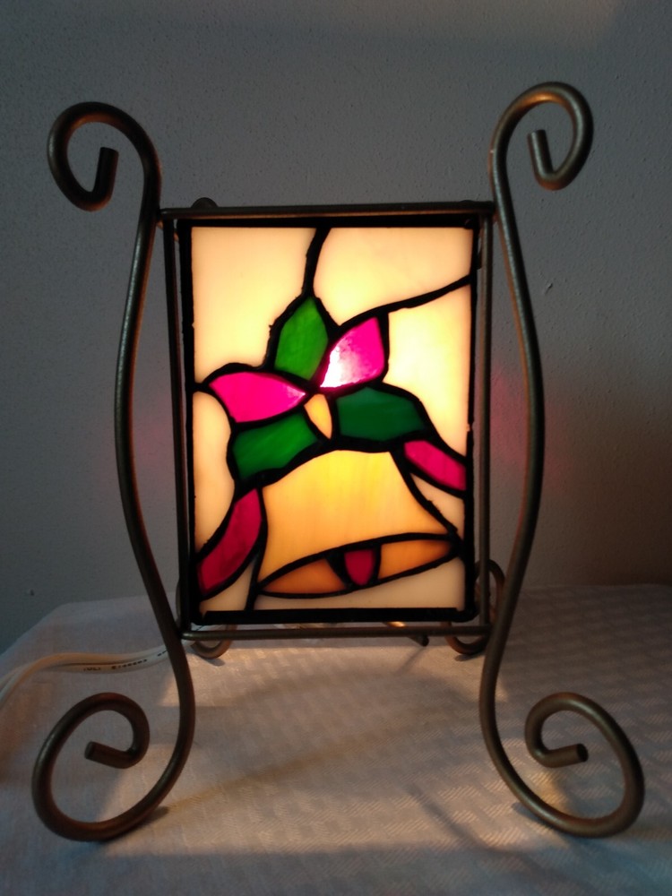 ALSY Christmas 4 Sided Stained Glass Accent Lamp Gold Tone Scrolled Iron Base-image