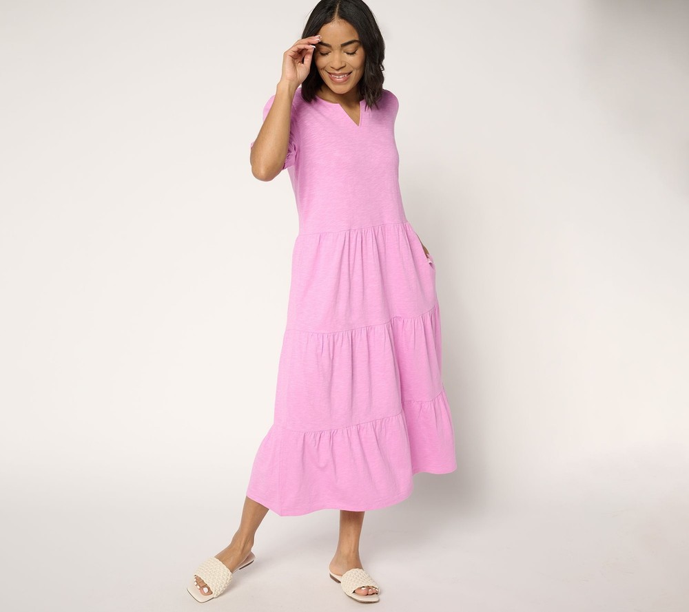 Denim & Co. Women's Dress Sz XL Regular Linen Blend Puff Sleeve Pink A685019