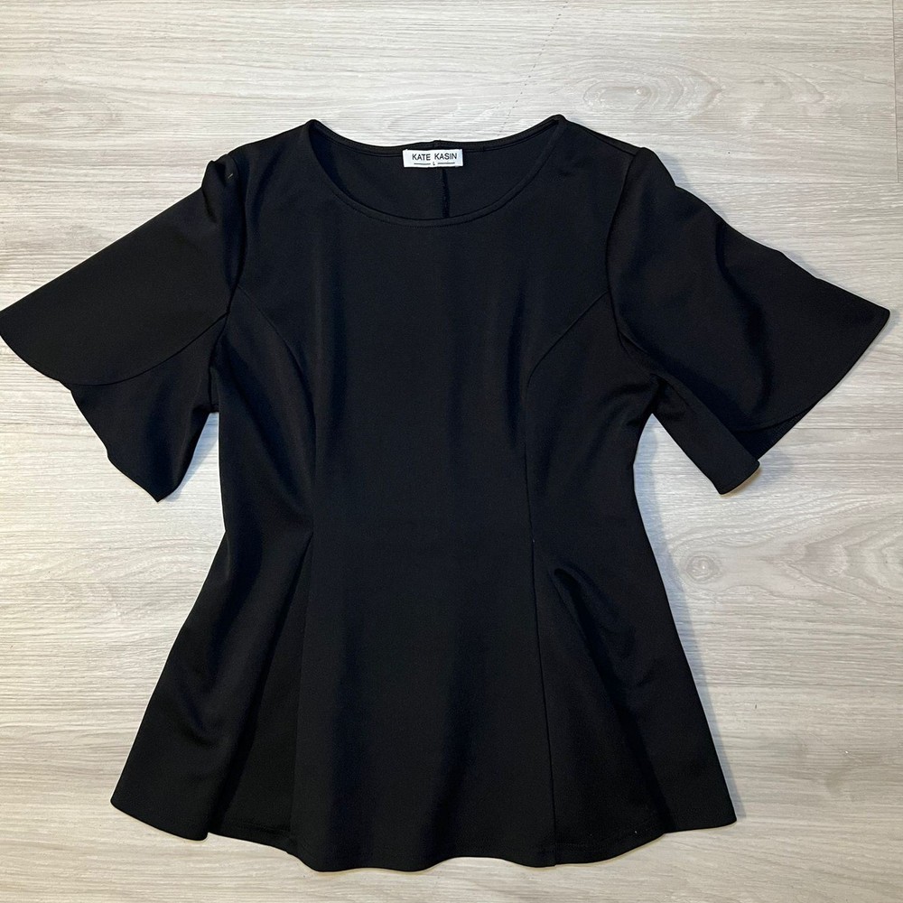 KATE KASIN Black Flutter Sleeve Peplum Top Women's Size L