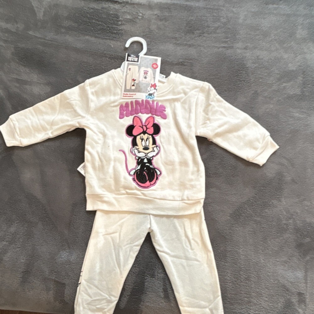 Disney Minnie Mouse Girls 2T 2pc Fleece Sweatshirt & Pants Set Cream Embroidered