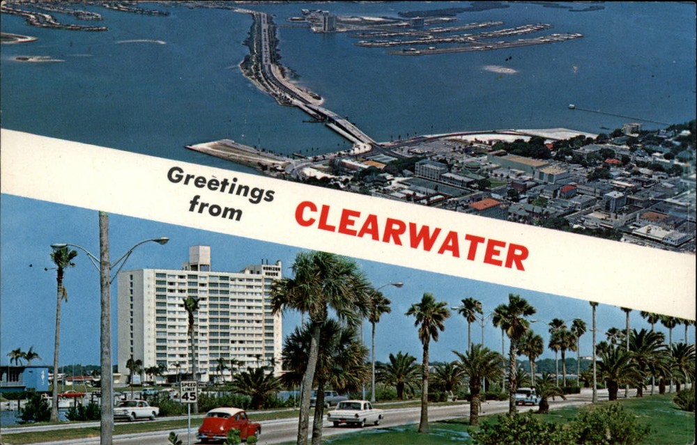 Greetings from Clearwater Florida aerial and street view~ 1970s vintage postcard