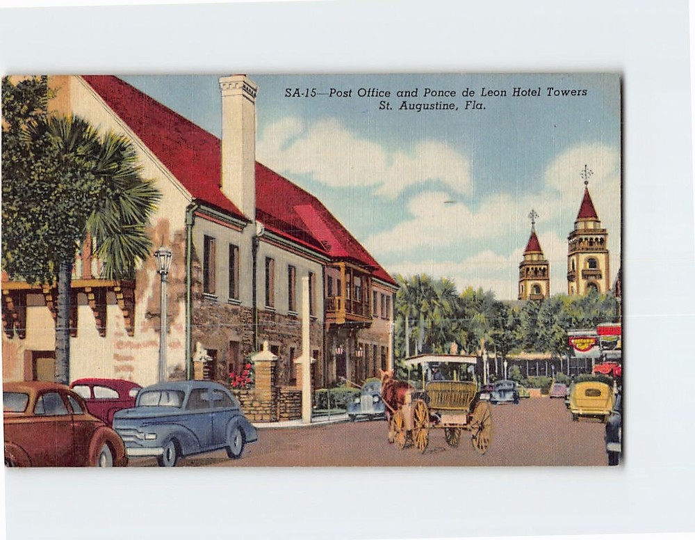 Postcard Post Office and Ponce de Leon Hotel Towers St. Augustine Florida USA