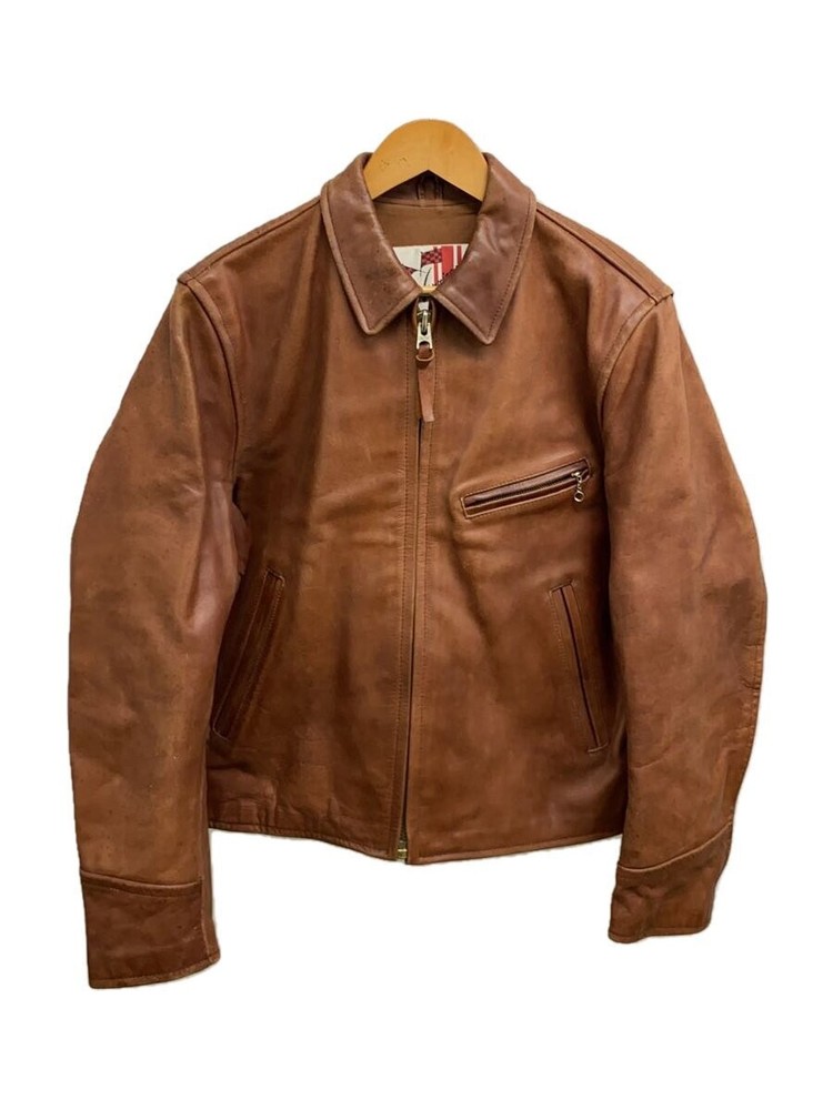 Men's Brown Cowhide Leather Blouson Jacket Size 38 Plain Style 173