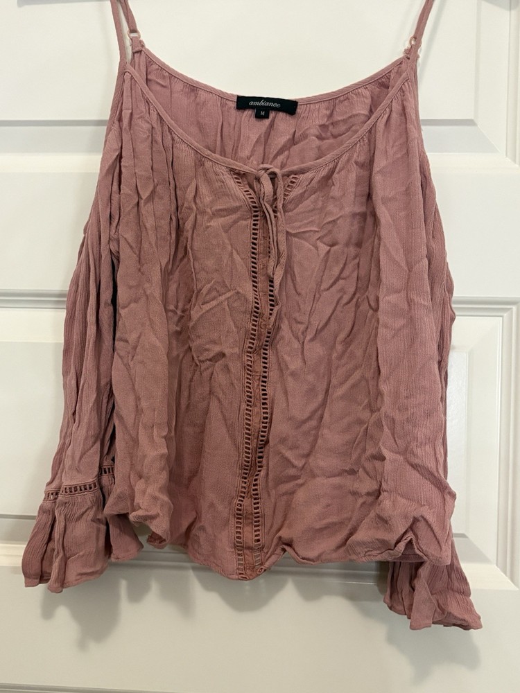 Ambiance Women's Pink Lace Tie-Front Long Cold Shoulder Sleeve Blouse Size M