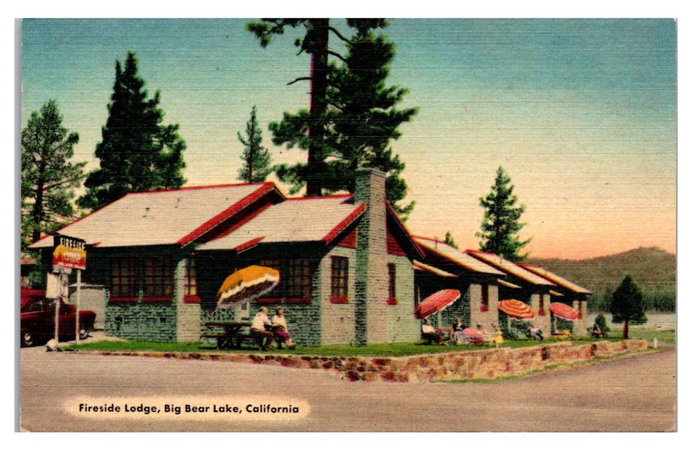 Big Bear Lake, California People Relax At Fireside Lodge Vintage Linen Postcard