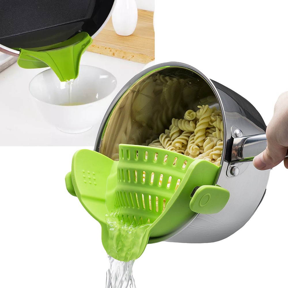 Silicone Clip-on Food Strainer with Soup Funnel Universal Size Colander Filter