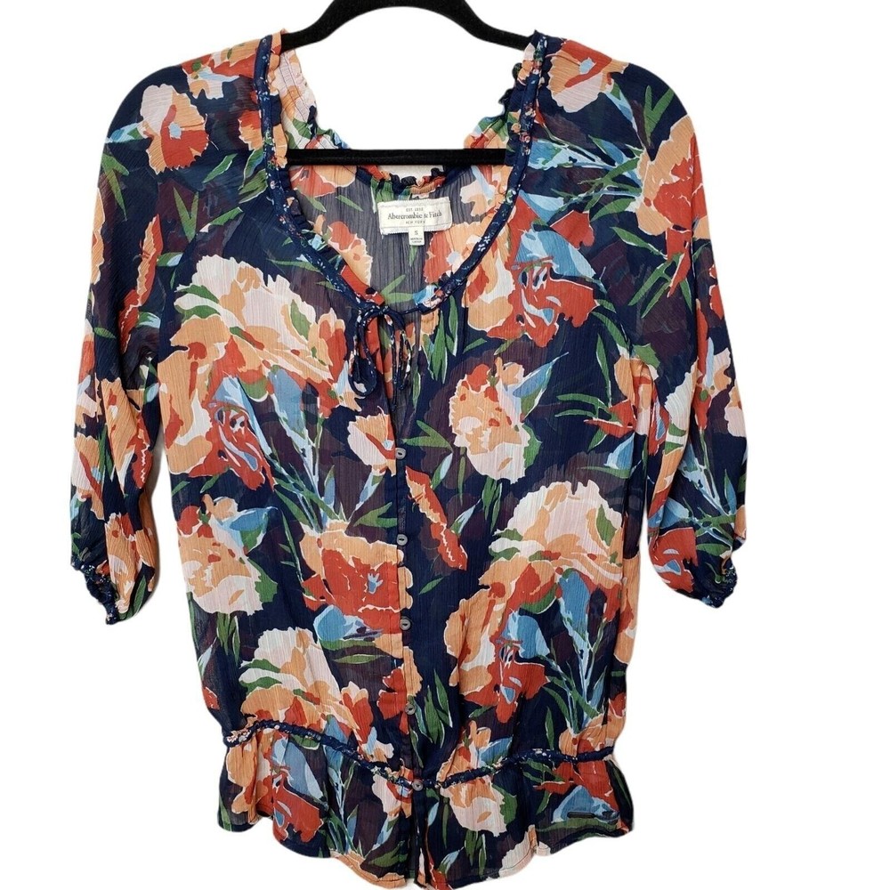 Abercrombie & Fitch Womens Semi Sheer Multicolor Floral 3/4 Sleeve Top Size S
