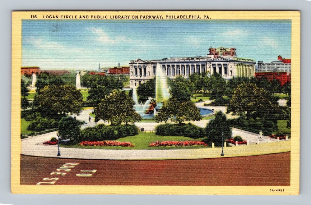 Philadelphia PA Pennsylvania Logan Circle and Public Library Vintage Postcard