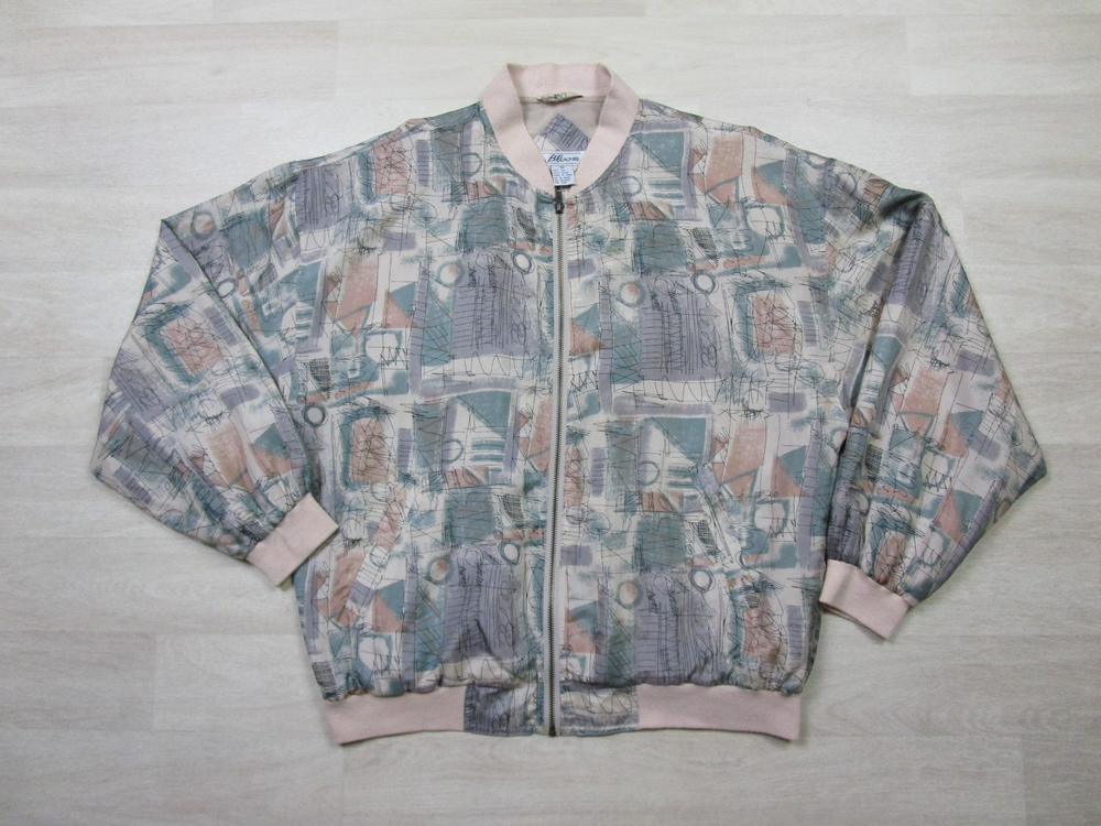 Vintage Silk Bomber Jacket (M) Men's Abstract Art Graphic Design EUC 80s/90s-image